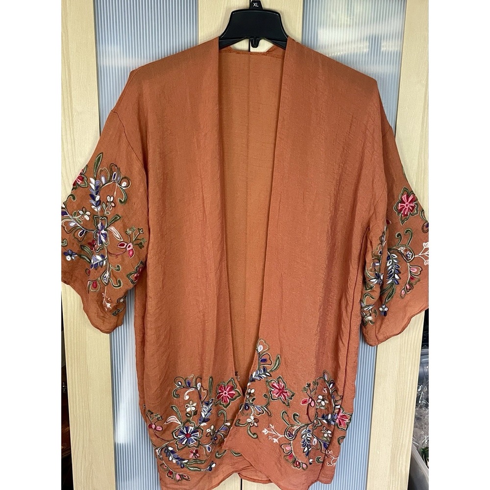 Boho Embroidered Kimono Cardigan Duster Rust Floral Open Front Festival OS Women